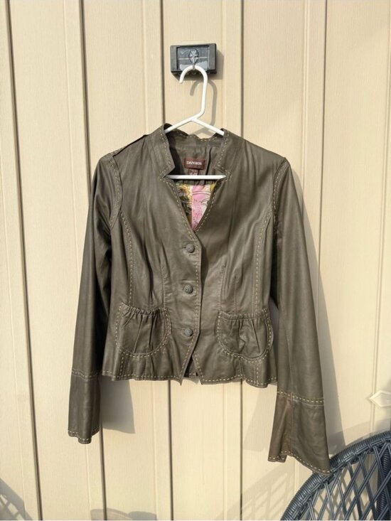 Danier Jackets & Blazers - Vintage Danier Genuine Leather Olive Green Jacket with Pink & Yellow Stitching